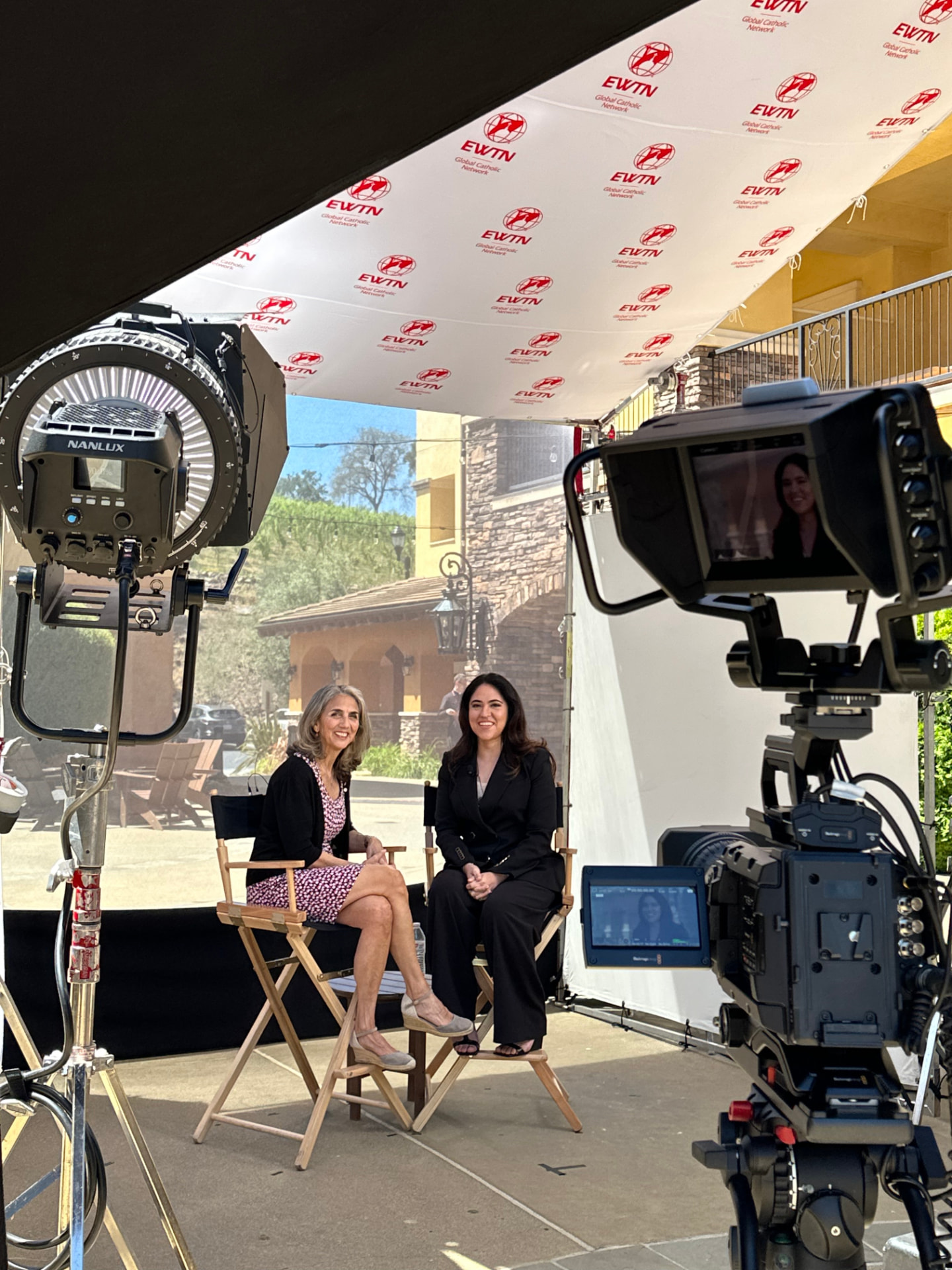 Ester Munt-Brooks being interviewed on set for EWTN Global Catholic Network