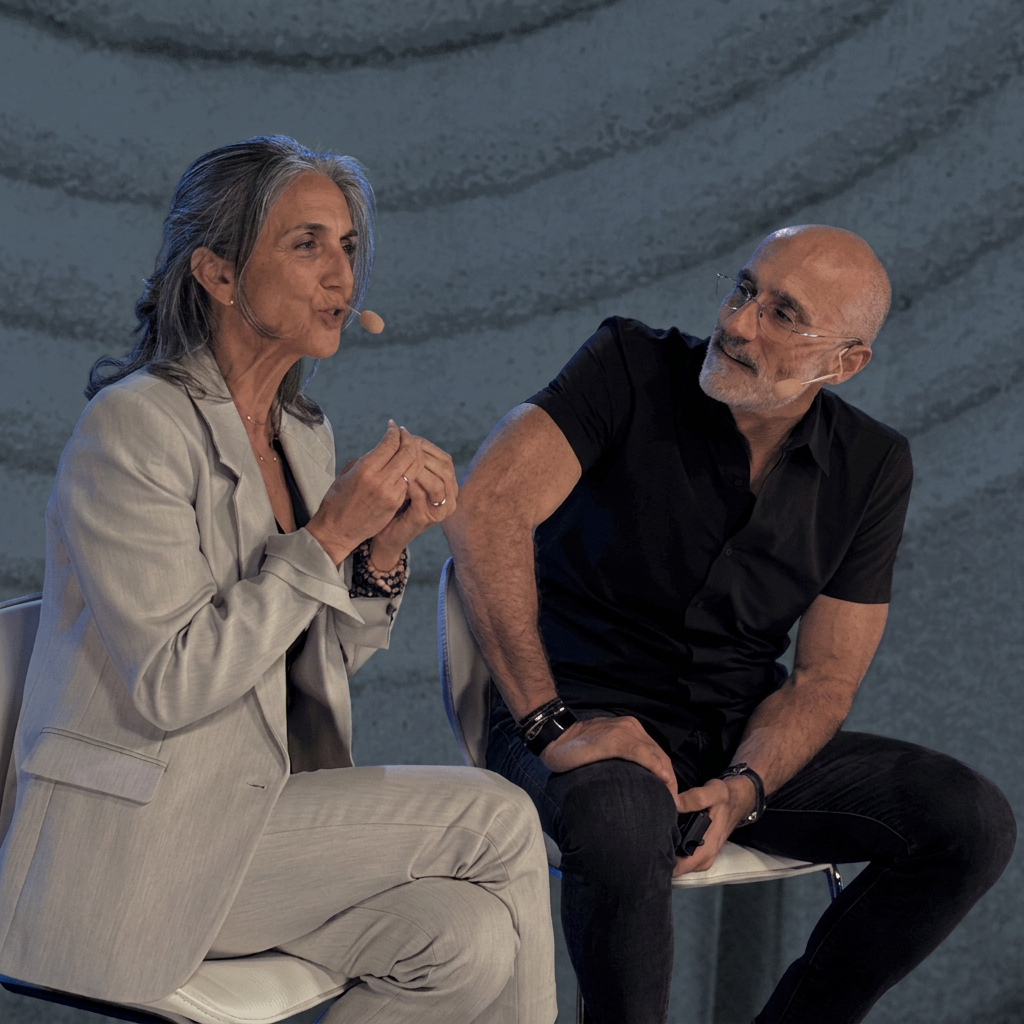 Ester Munt-Brooks and Arthur C. Brooks seated together during a joint keynote